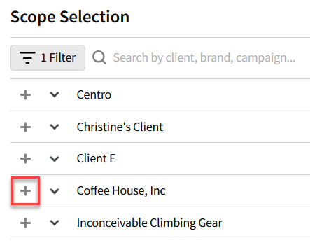 Scope selection with a client selection highlighted
